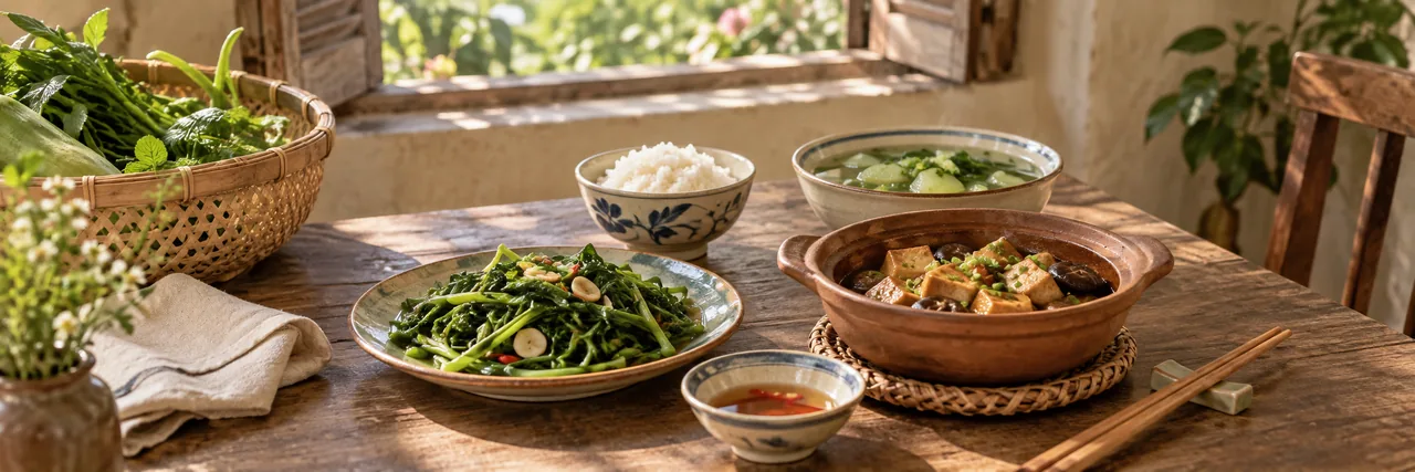 Ảnh minh họa bữa cơm nhà với rau xanh, canh và món kho trên bàn gỗ